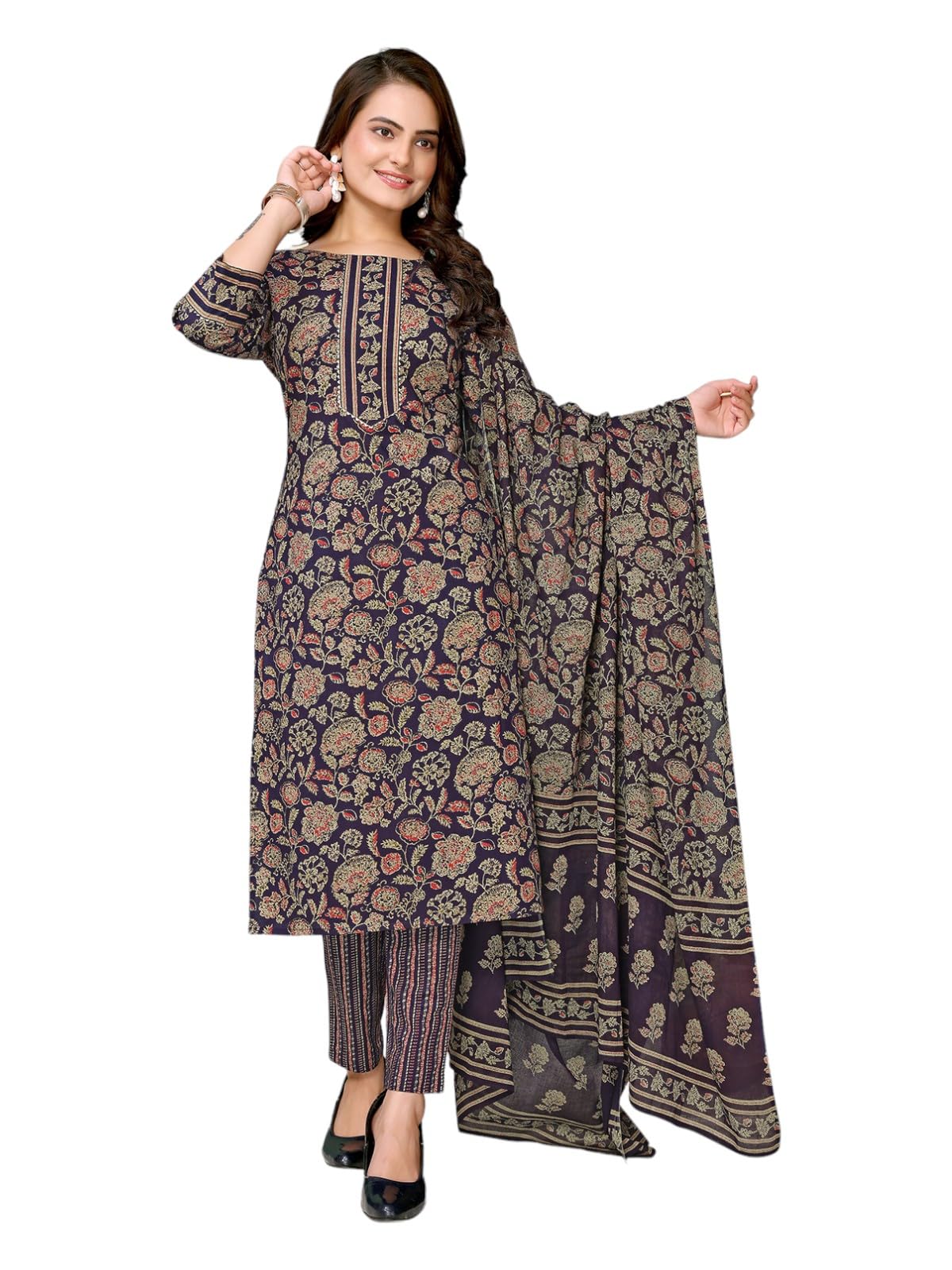 Rangita Navy Blue Cotton Printed Straight Kurta With Pant And Dupatta | Kurta Set For Women_3Xl