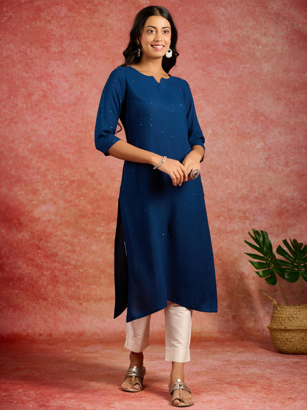Libas Womens Viscose Rayon Embroidered Straight Kurta (26505_Blue