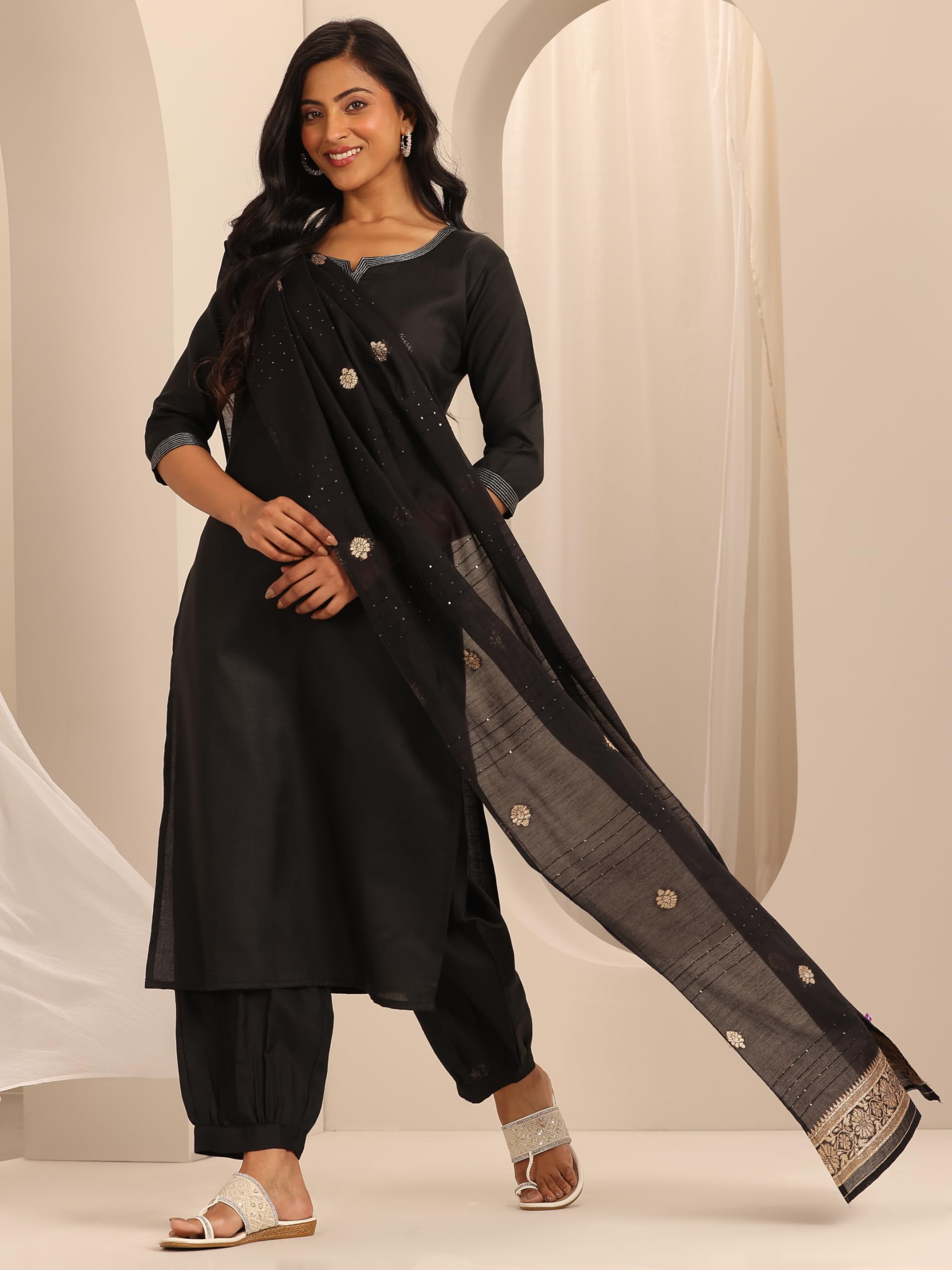 Libas WomenS Silk Blend Solid Kurta Set (39056_Black