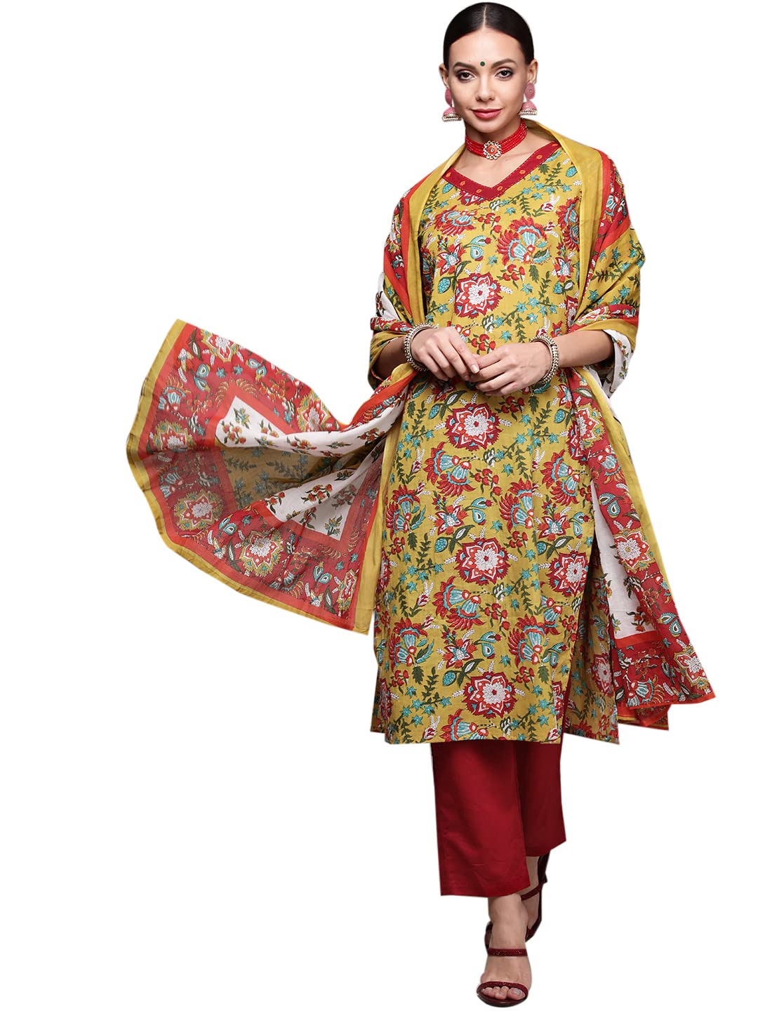 Anubhutee Women'S Cotton Green Floral Printed Straight Kurta Suit Set With Pants And Dupatta