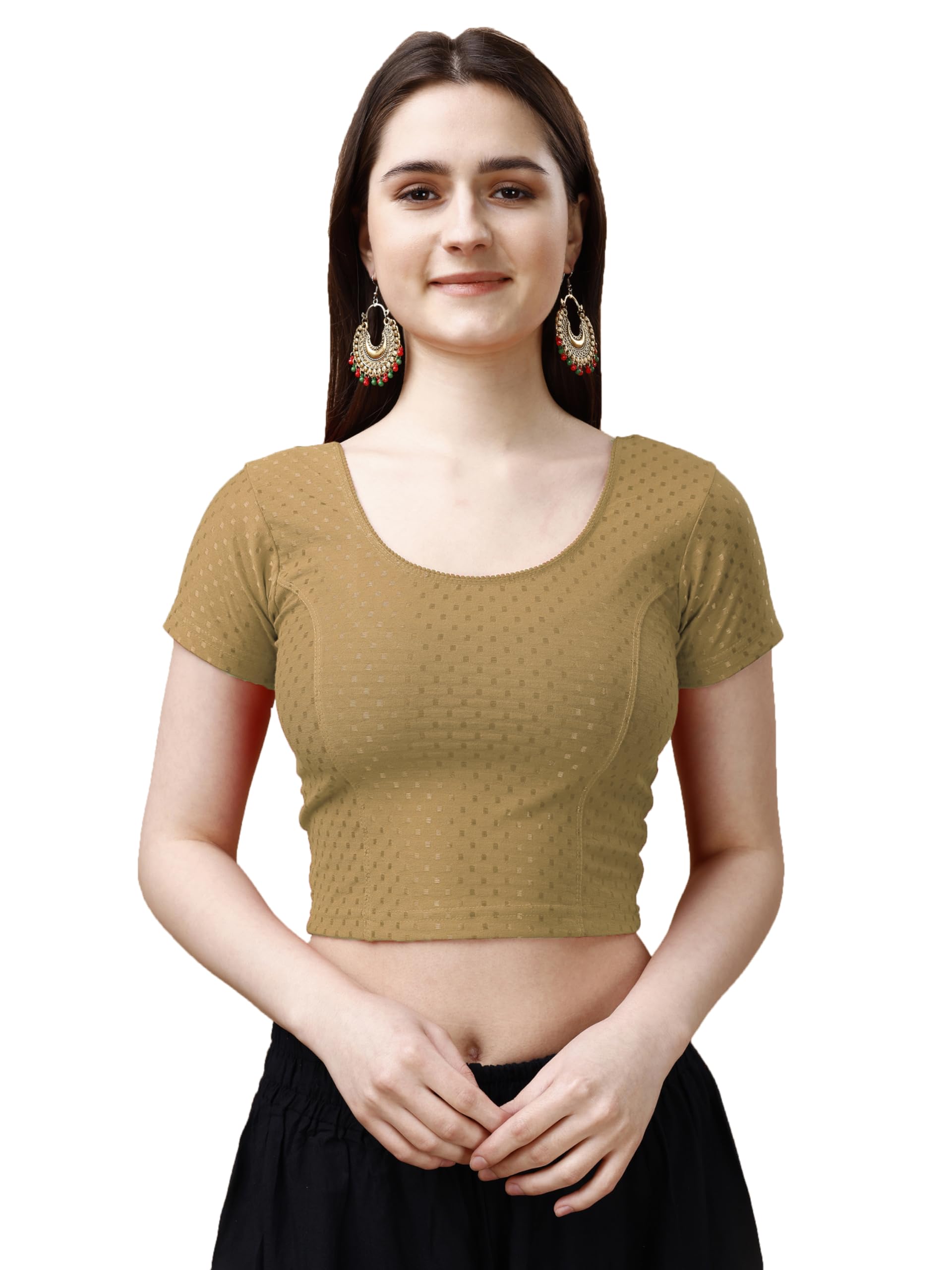 Pujia Mills WomenS Readymade Dobby Cotton Lycra Stretchable Round Neck Short Sleeve Blouse Fancy Gold Color Lycra Stretchable B