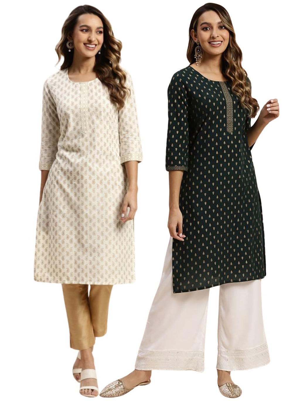 Rangita Off White & Green Cotton Knee Length Printed Straight Kurti For Women | Kurta For Women_2Xl (Pack Of 2)