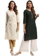 Rangita Off White & Green Cotton Knee Length Printed Straight Kurti For Women | Kurta For Women_2Xl (Pack Of 2)