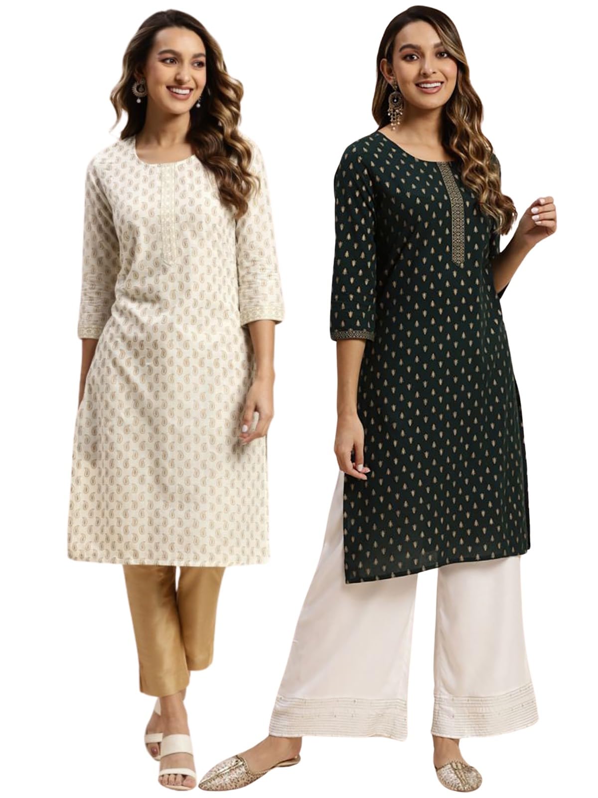 Rangita Off White & Green Cotton Knee Length Printed Straight Kurti For Women | Kurta For Women_2Xl (Pack Of 2)