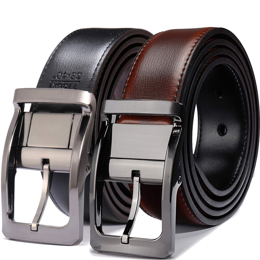 Belts For Men Reversible Leather 1.25 Waist Strap Fashion Dress Buckle Beltox (Rectangle Rotated Buckle With Burnt Umber/Black B 47-48
