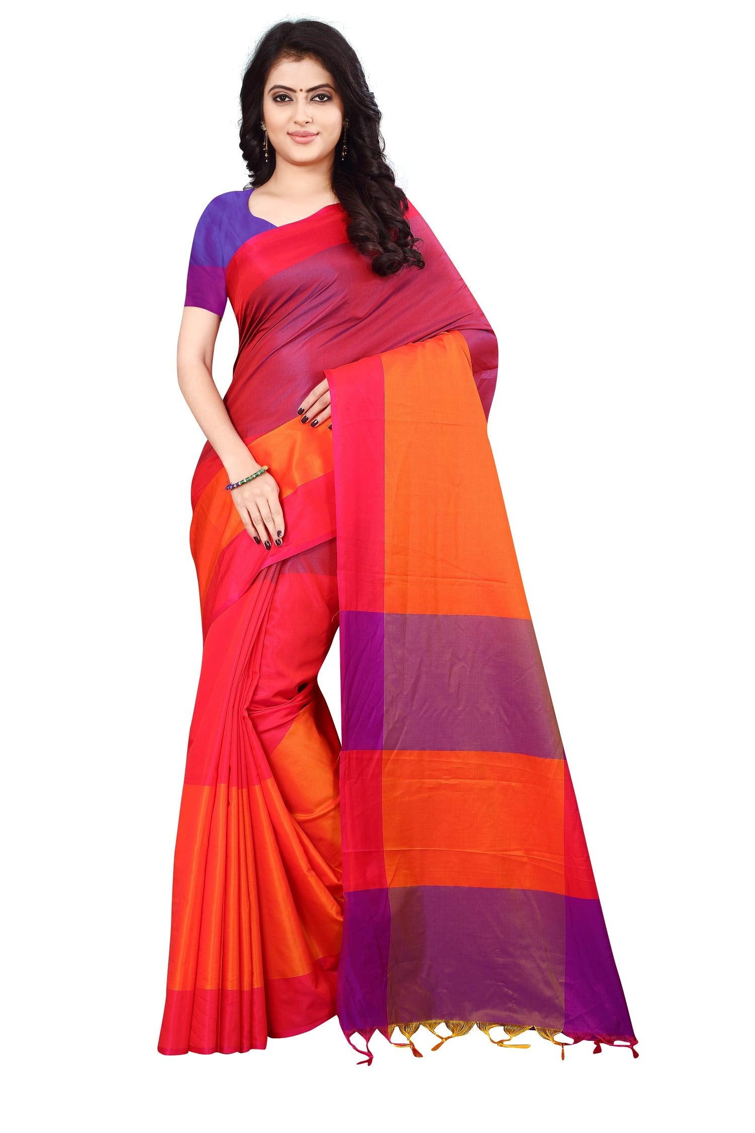 Leriya Fashion Womens Cotton Silk Saree (Free Size) (Dark Orange)