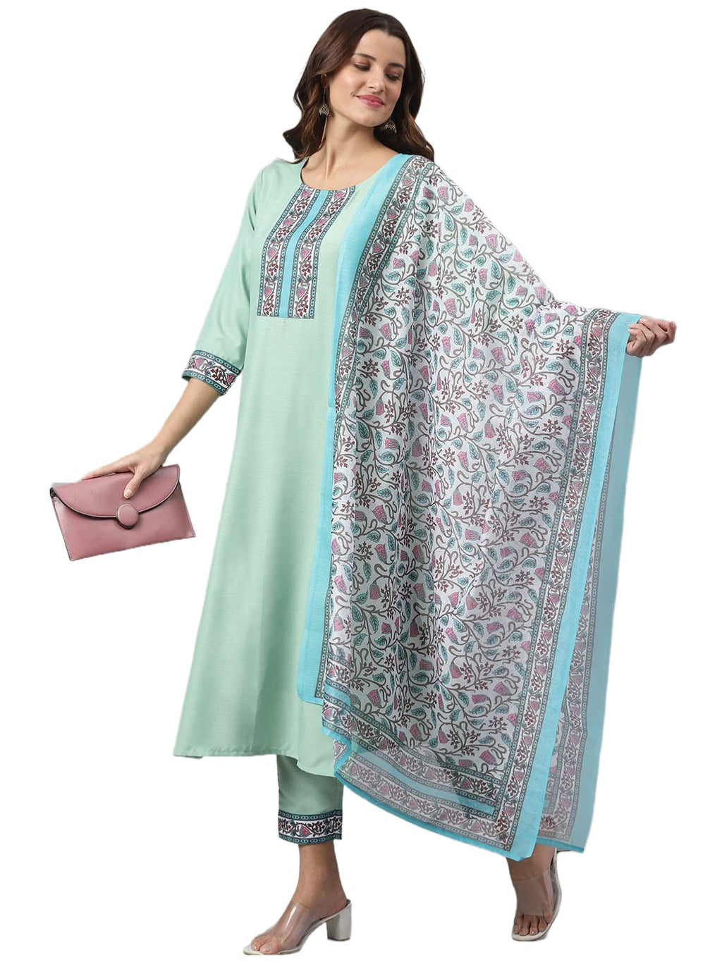 ANNI DESIGNER Womens Cotton Blend Straight Printed Kurta with Pant & Dupatta (Jam001-Green_XXL_Dark Blue_XX-Large)