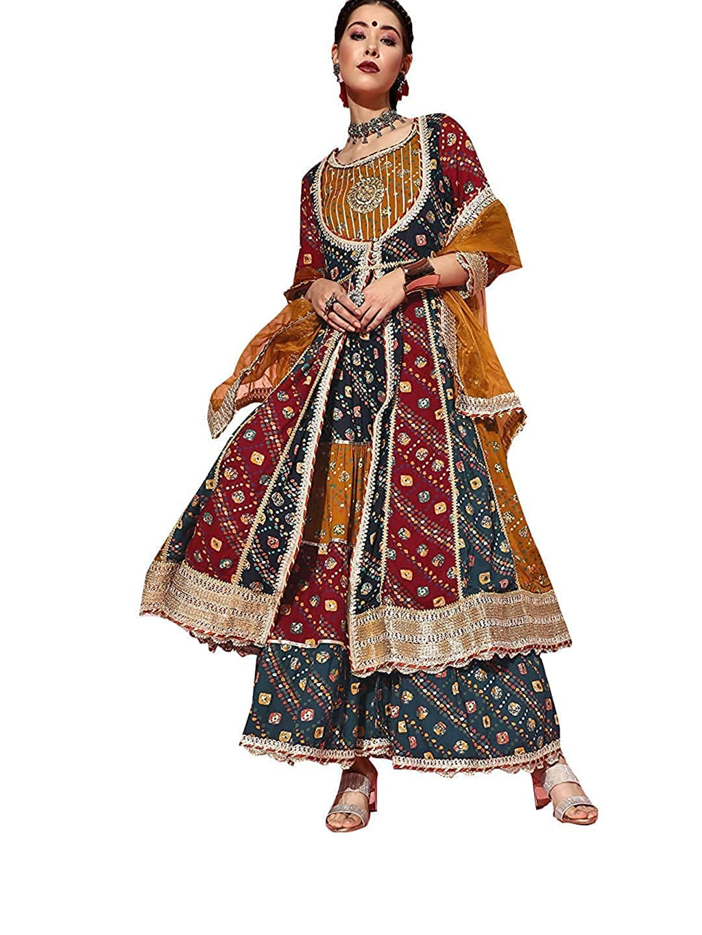 Ishin Women'S Viscose Rayon Multicolored Embroidered Anarkali Kurta Suit Set With Dupatta & Sharara Kpldsic-20038_S_Multicolored
