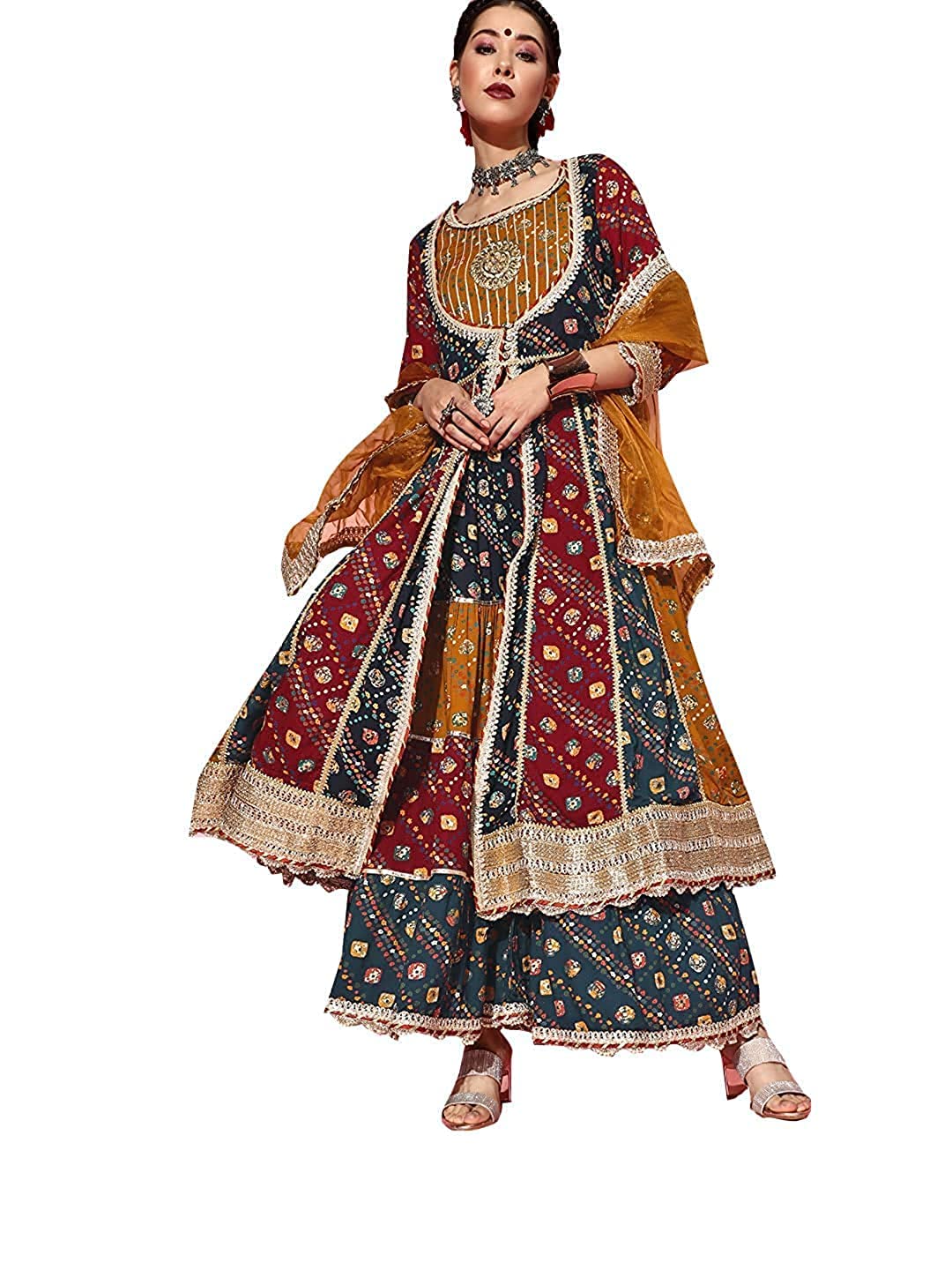Ishin Women'S Viscose Rayon Multicolored Embroidered Anarkali Kurta Suit Set With Dupatta & Sharara Kpldsic-20038_S_Multicolored