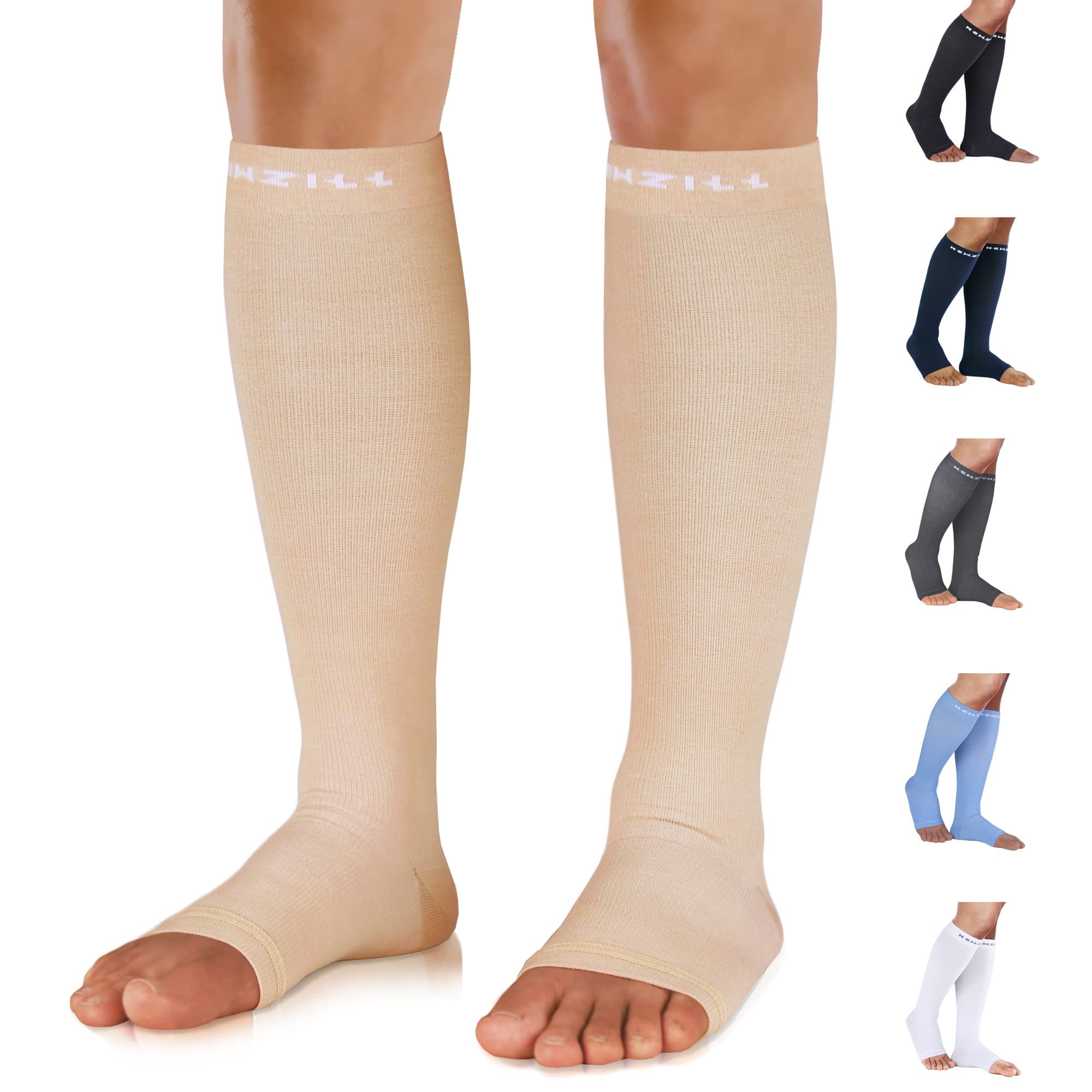NEWZILL Compression Socks for Women & Men Circulation 20-30 mmHg, Graduated Open Toe, Cotton Compression Socks for Nurses Beige