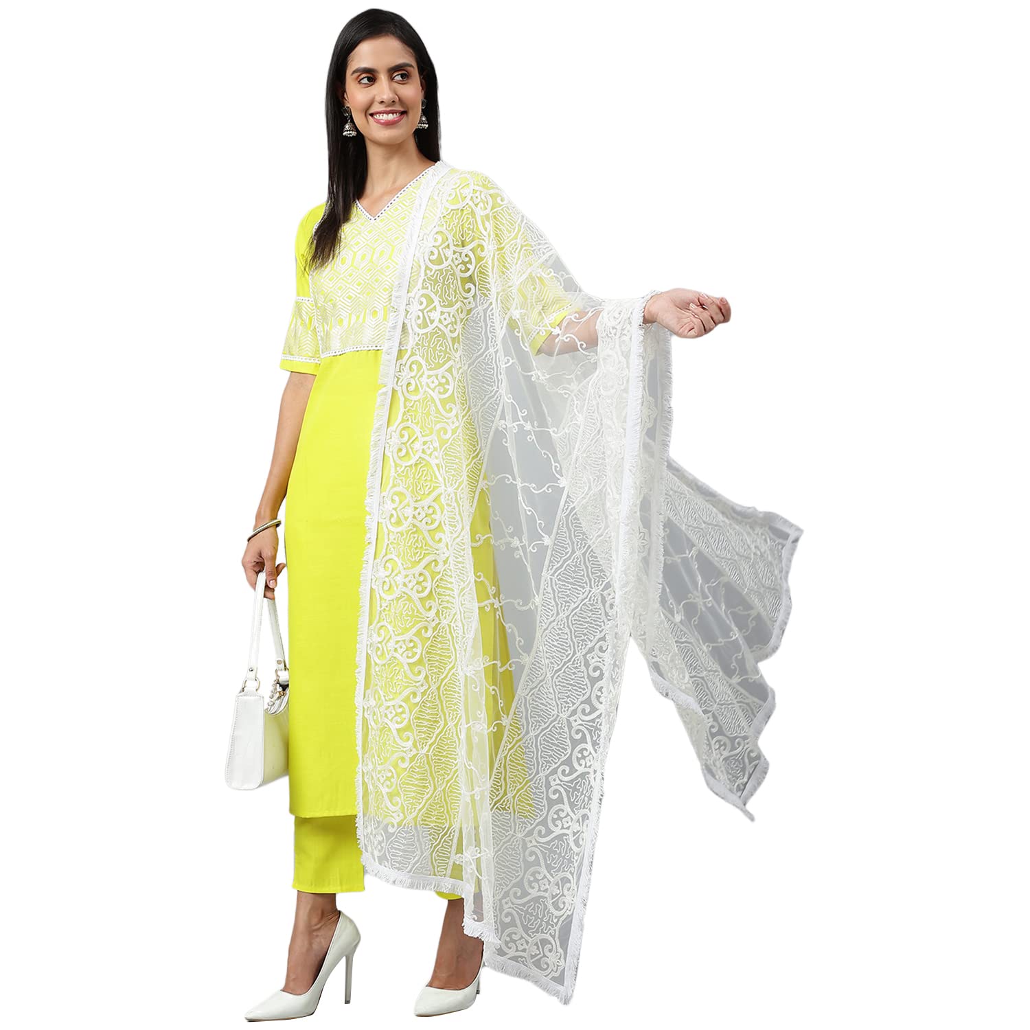 Gosriki Women'S Cotton Blend Straight Solid Kurta With Pant & Dupatta (Type Green_New_L-Go_Green_Large)