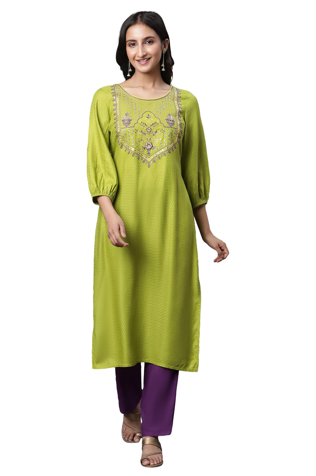 Aurelia Green Embroidered Straight Long Kurta With Zari