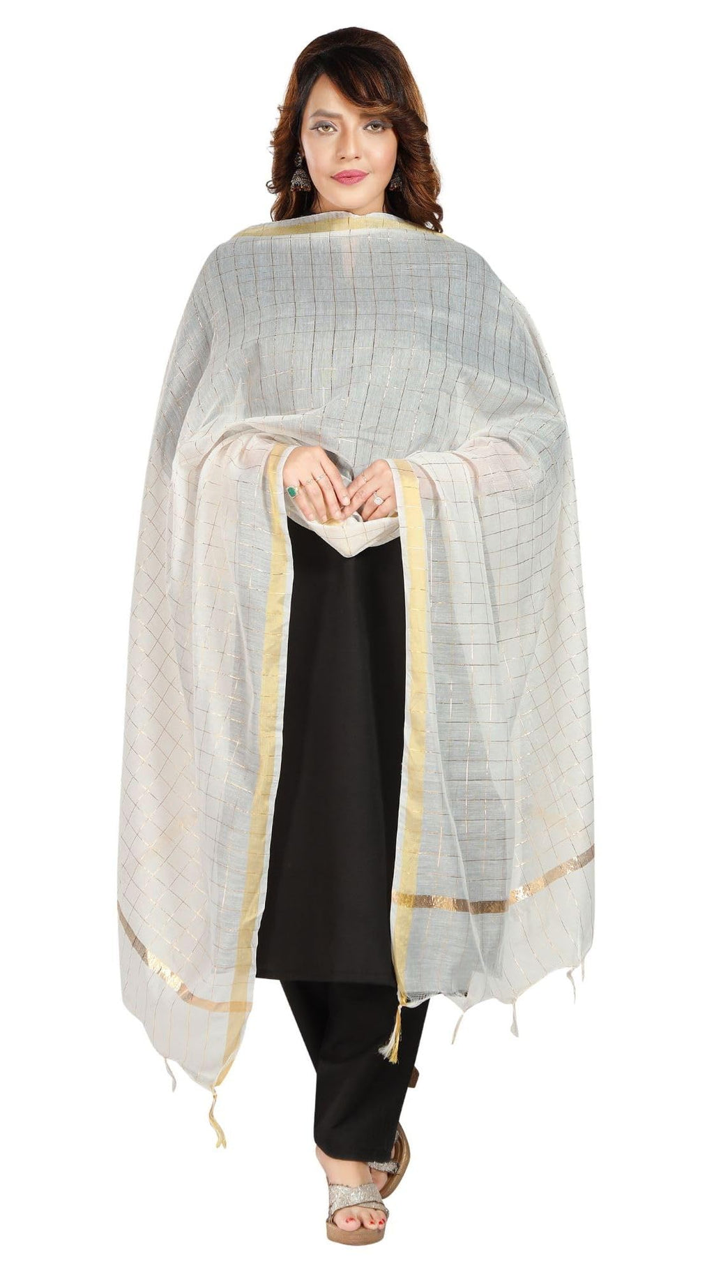Fabme Silk Blend Women'S Checkered Dupatta With Embellish Golden Border Off-White Free Size
