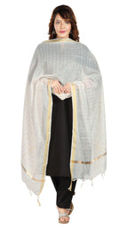 Fabme Silk Blend Women'S Checkered Dupatta With Embellish Golden Border Off-White Free Size