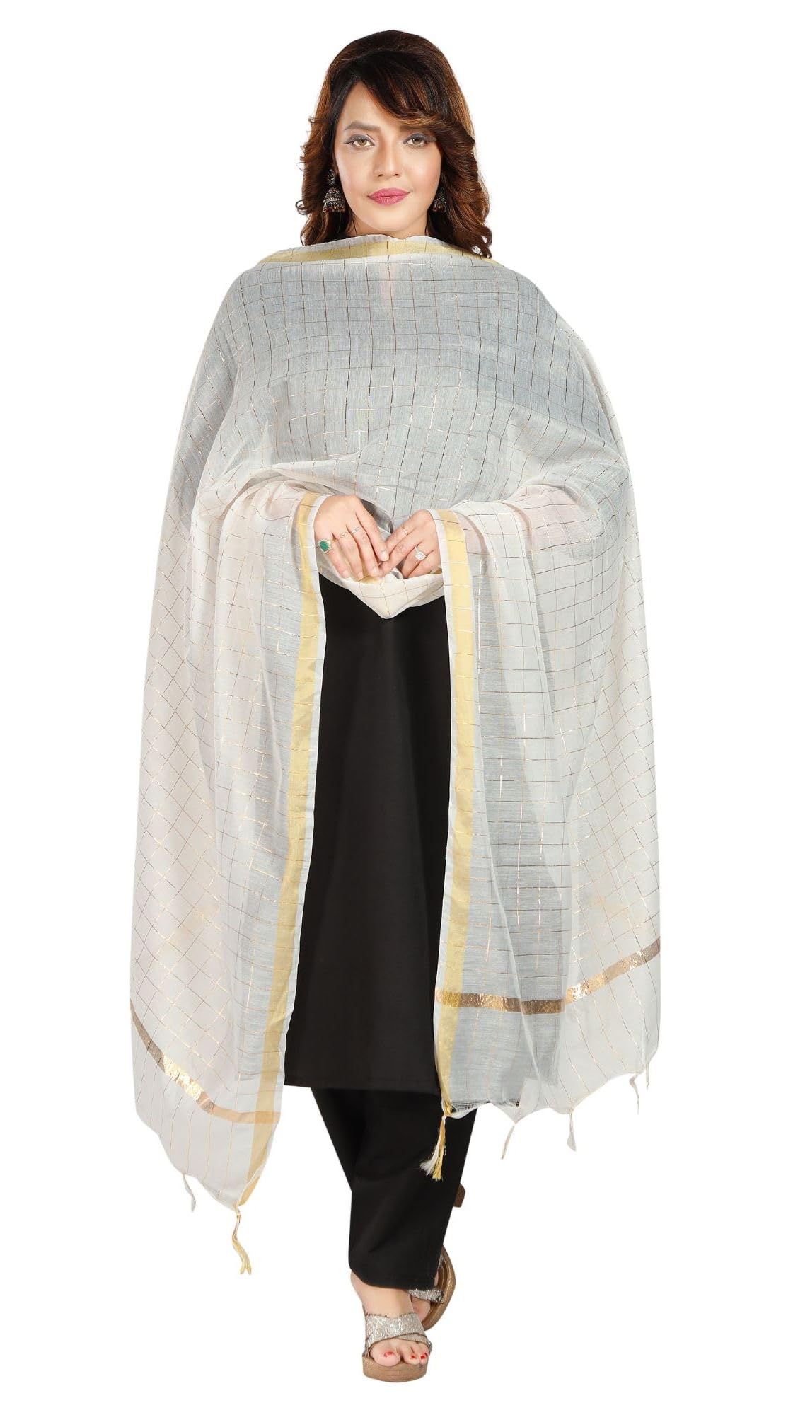 Fabme Silk Blend Women'S Checkered Dupatta With Embellish Golden Border Off-White Free Size