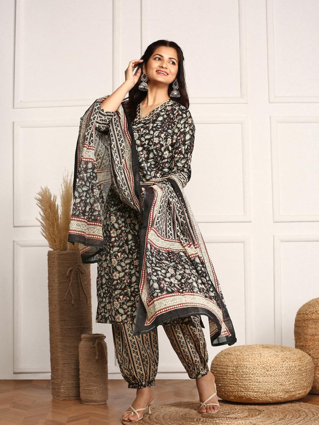 Ishin Kalamkari Embellished Cotton Kurta With Afghani Pants & Flowy Mulmul Dupatta | Kurta Set For Women | Kurta With Trousers A