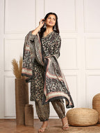 Ishin Kalamkari Embellished Cotton Kurta With Afghani Pants & Flowy Mulmul Dupatta | Kurta Set For Women | Kurta With Trousers A