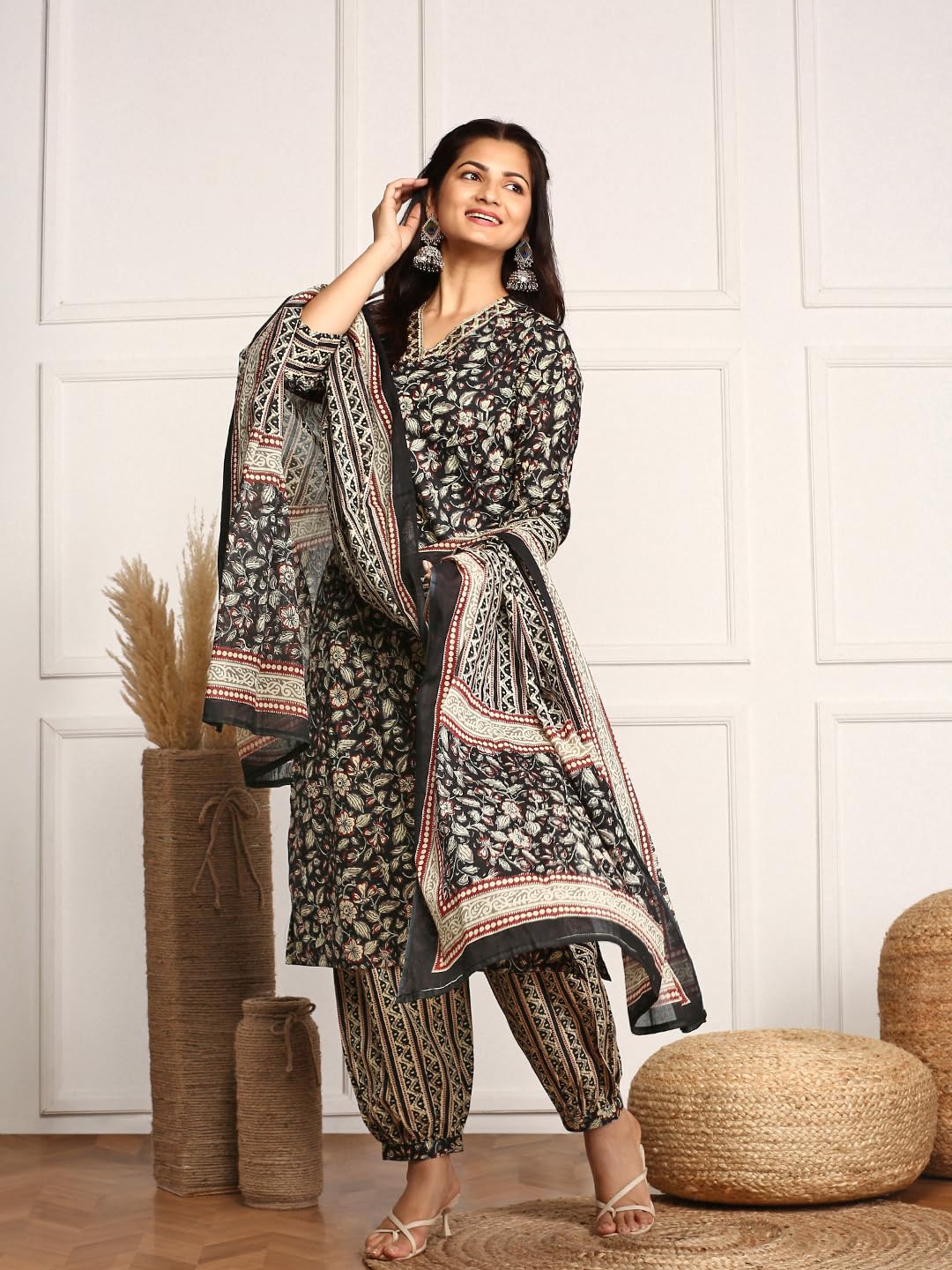 Ishin Kalamkari Embellished Cotton Kurta With Afghani Pants & Flowy Mulmul Dupatta | Kurta Set For Women | Kurta With Trousers A