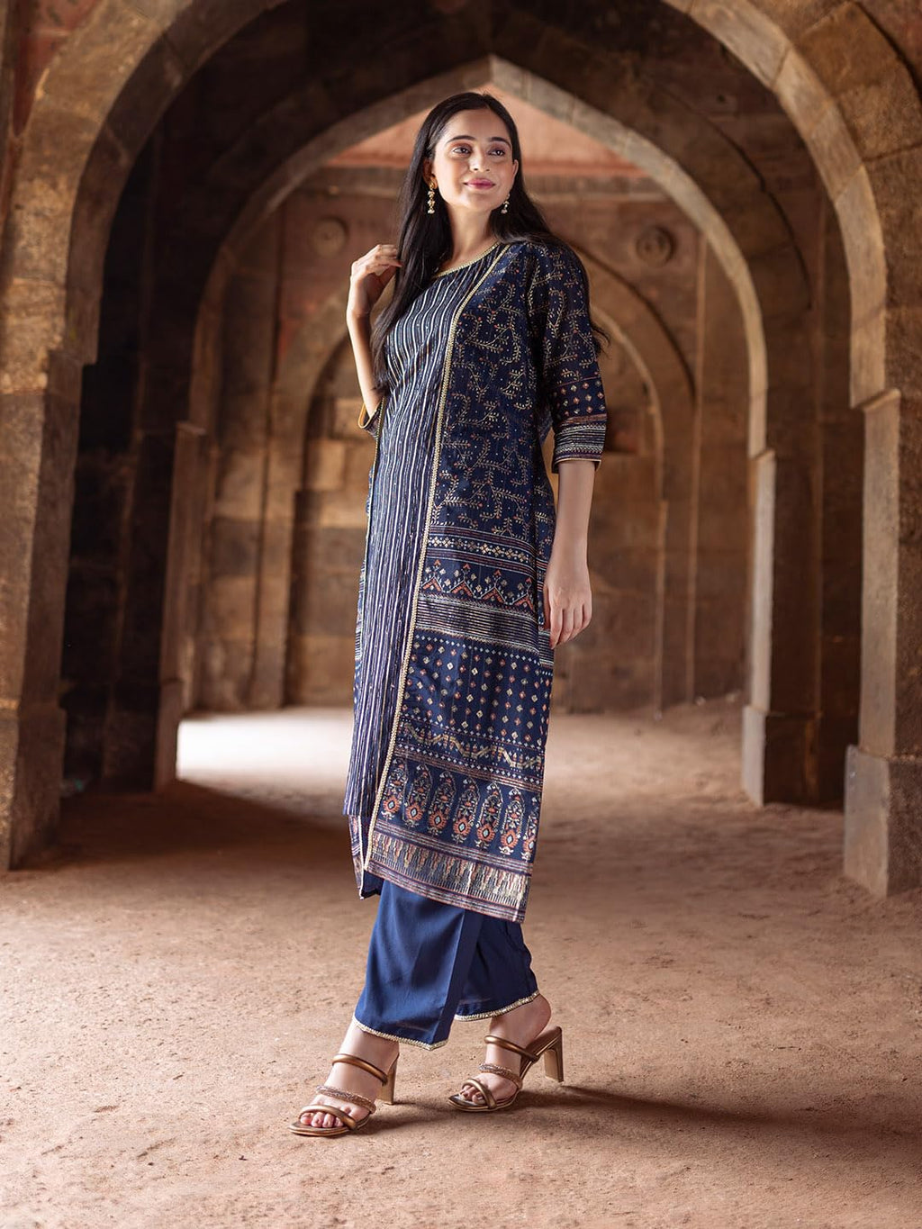Aurelia Women Maritime Blue Polyester Straight Kurta, Trousers, Gillet Suit Set_23Aud14603-506298