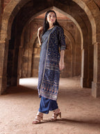 Aurelia Women Maritime Blue Polyester Straight Kurta, Trousers, Gillet Suit Set_23Aud14603-506298
