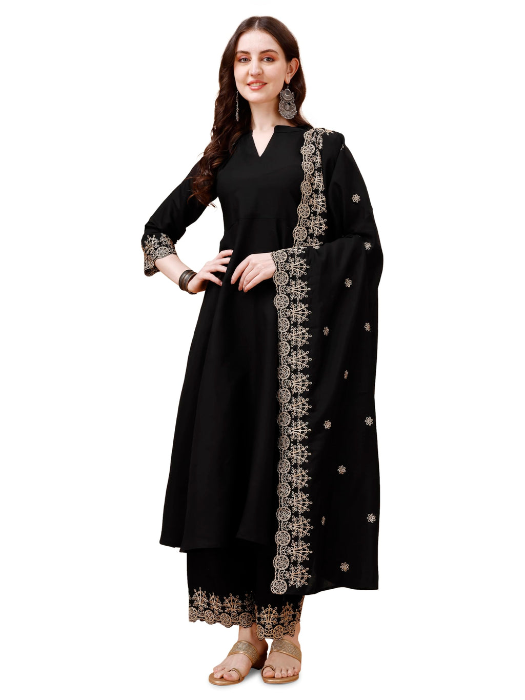 Pratham Blue Womens Silk Embroidered Anarkali Kurta with Palazzos and Dupatta (PB-6060-M_Black)