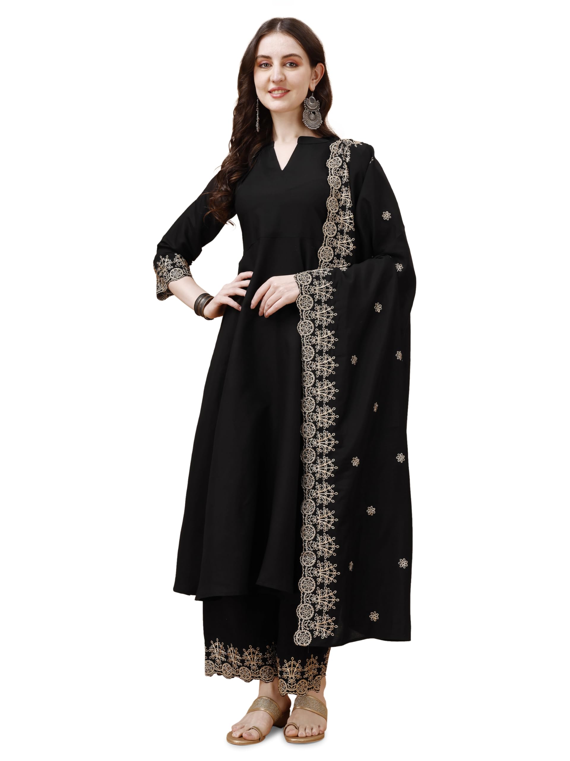 Pratham Blue Womens Silk Embroidered Anarkali Kurta with Palazzos and Dupatta (PB-6060-M_Black)