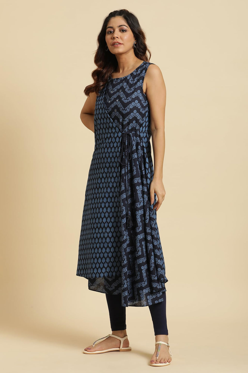 W For Woman Blue Mock Wrap Print Mix Kurta