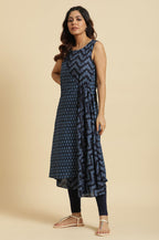 W For Woman Blue Mock Wrap Print Mix Kurta