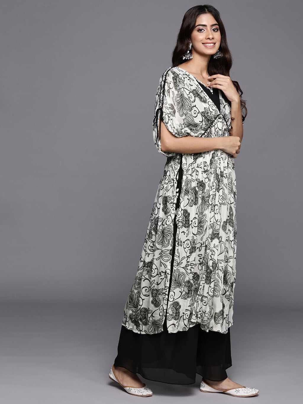 Varanga Women Off-White And Black Floral Printed Pure Silk Chinon, Embroidered V-Neck Aliya Cut Extended Sleeve Kurta Paired With Bottom And Dupatta