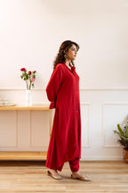 Red Solid Shirt Collar Rayon Kurta With Pants