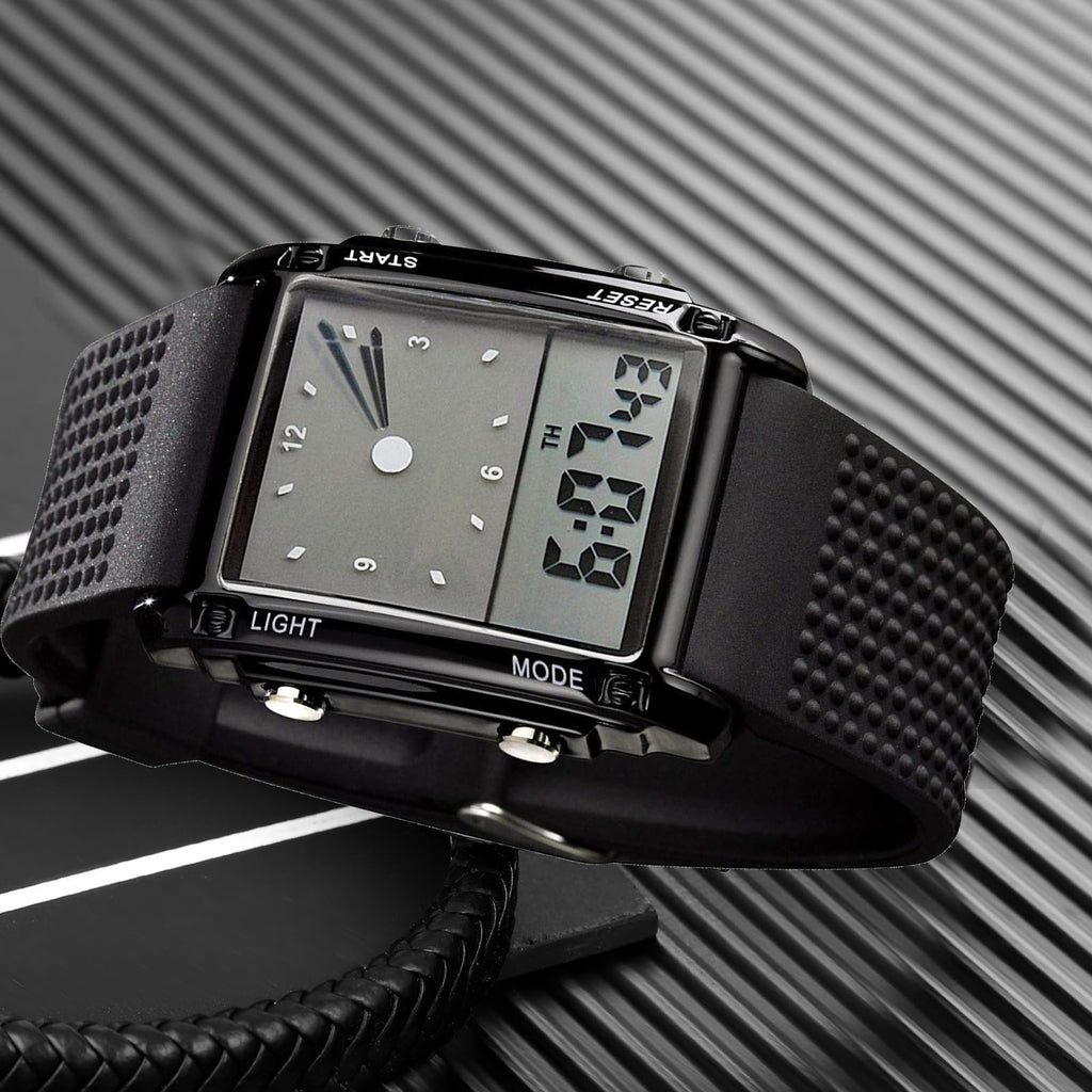 FANMIS Men's Rectangle Dial Sports Wrist Watches with 7 Colors Optional LED Backlight Multifunctional Alarm Stopwatch 12/24H Rub