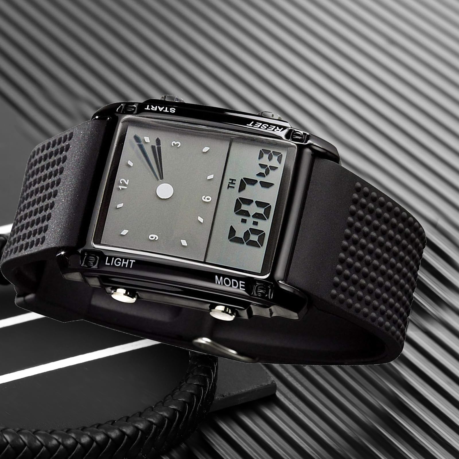 FANMIS Men's Rectangle Dial Sports Wrist Watches with 7 Colors Optional LED Backlight Multifunctional Alarm Stopwatch 12/24H Rub