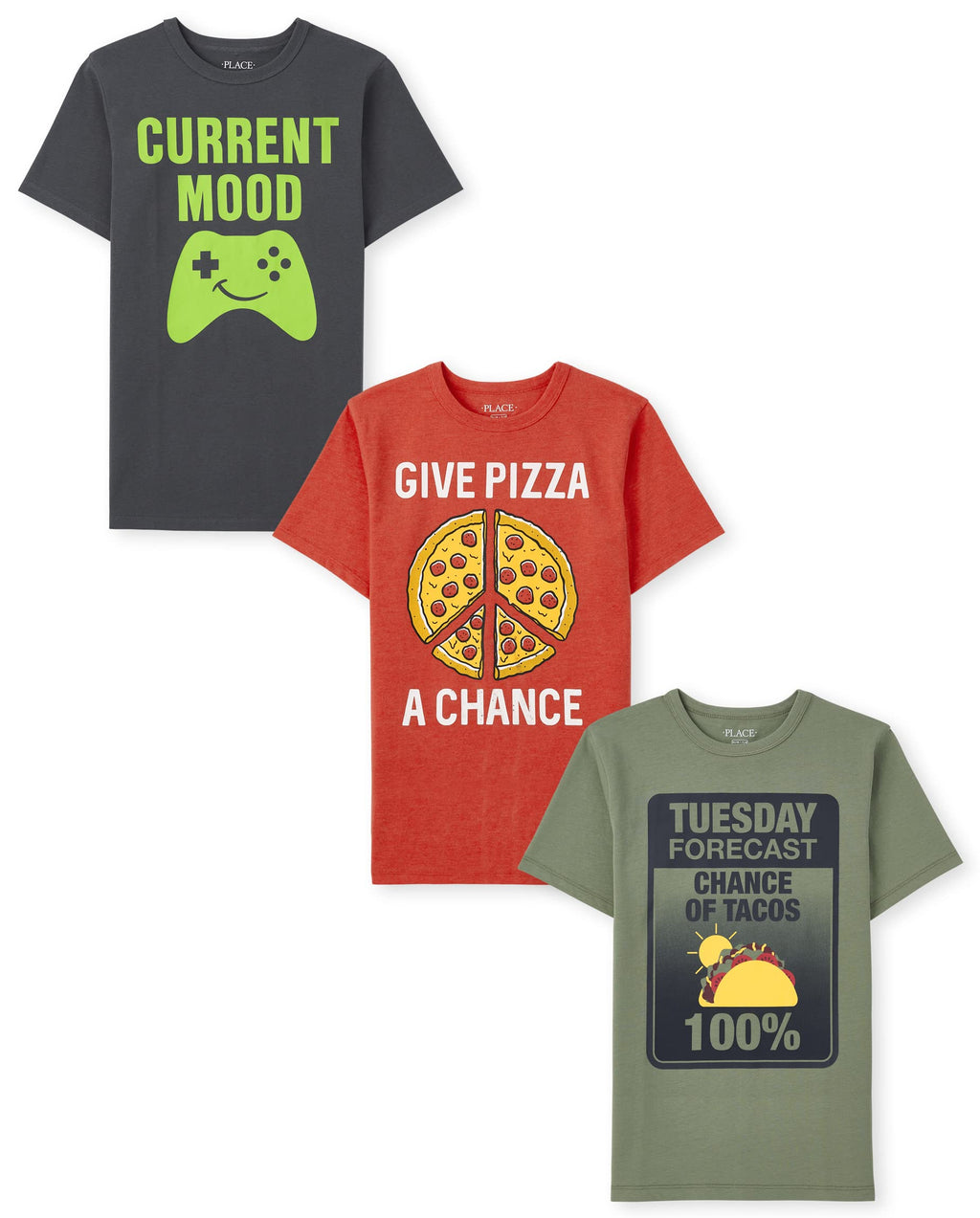 The Children's Place Boys Short Sleeve Graphic T-Shirt 3-Pack, Taco Tues/Give Pizza/Current Mood, Medium