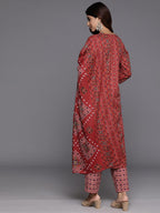 Varanga Women Red Printed V-Neck Embroidered Kurta With Bottom And Dupatta
