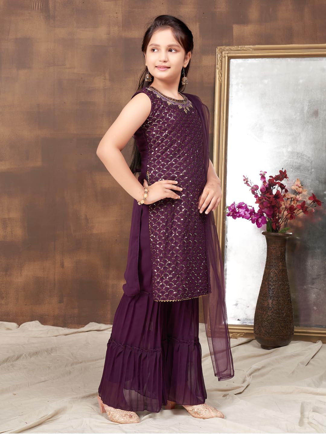 Aarika Girls Ethnic Wear Purple Colour Sequin Embroidery Georgette Kurti Sharara Set (4-10 Years)