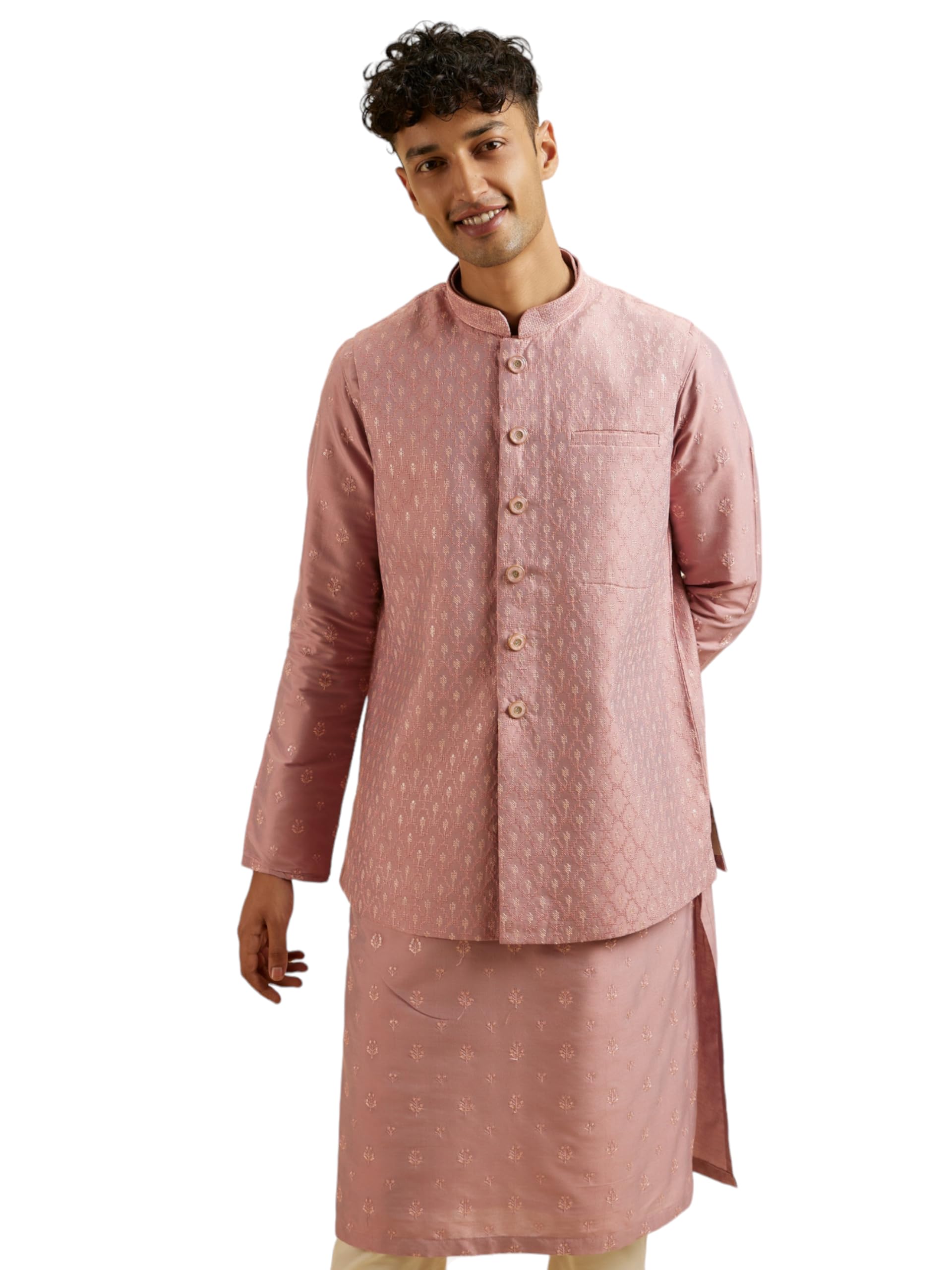 Manyavar MenS Viscose Blend Embroidered|Sequins Jacket Set (Pink,Xxl)