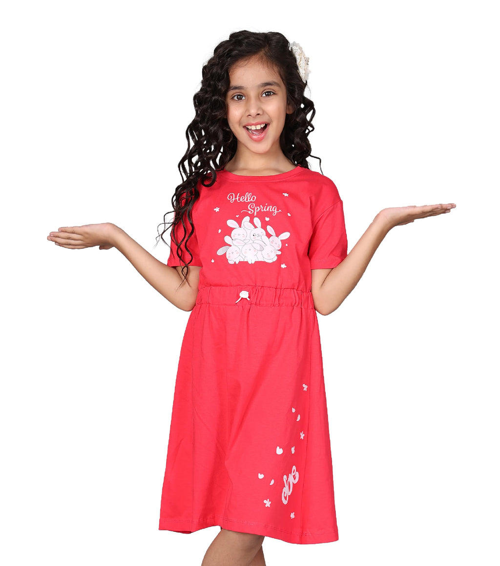 Kyda Kids 100% Pure Cotton Printed Round Neck Regular Fit Short Sleeve Long Top For Girls (Pack Of 1)