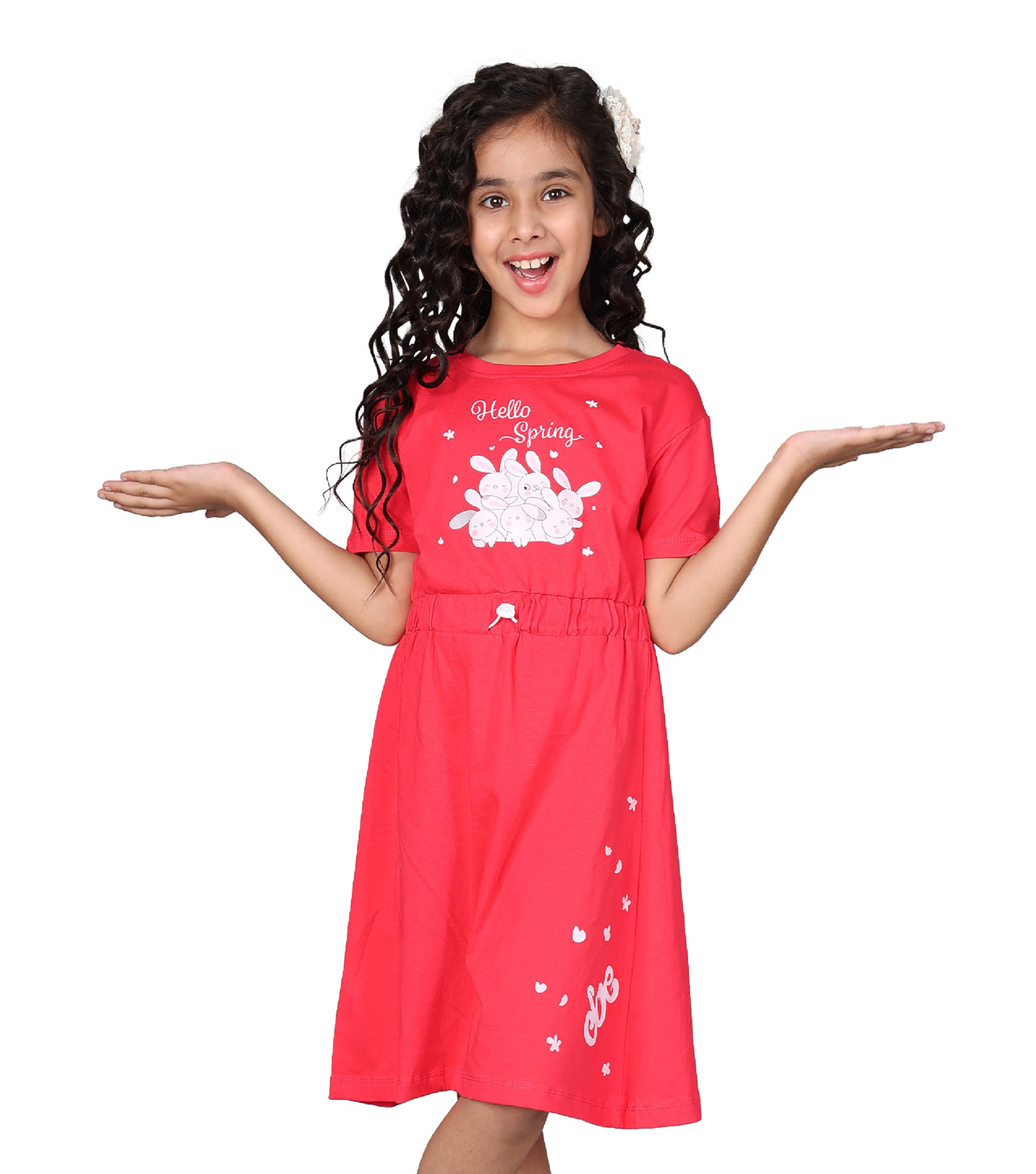 Kyda Kids 100% Pure Cotton Printed Round Neck Regular Fit Short Sleeve Long Top For Girls (Pack Of 1)