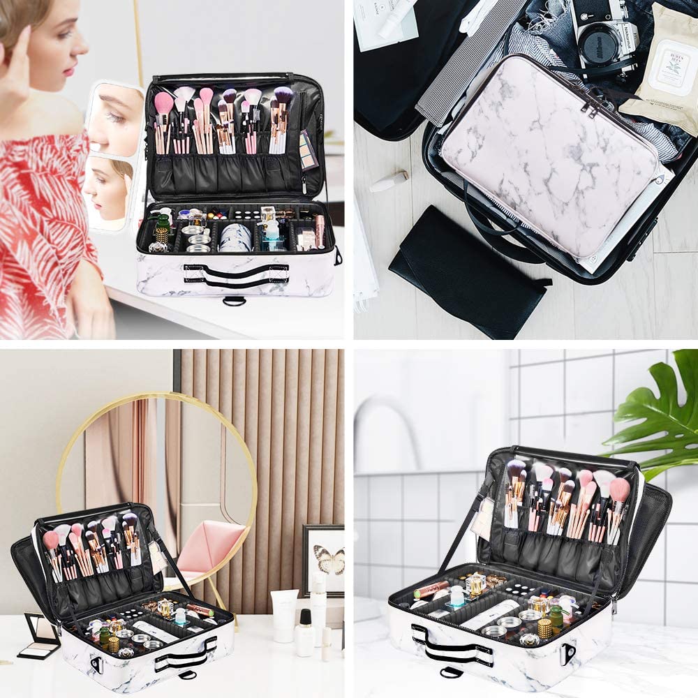 OEWOER Large Makeup Case PU Leather Makeup Bag 3 Layers 16 Inches Professional Makeup Train Case Cosmetic Bag Travel Make Up Bru