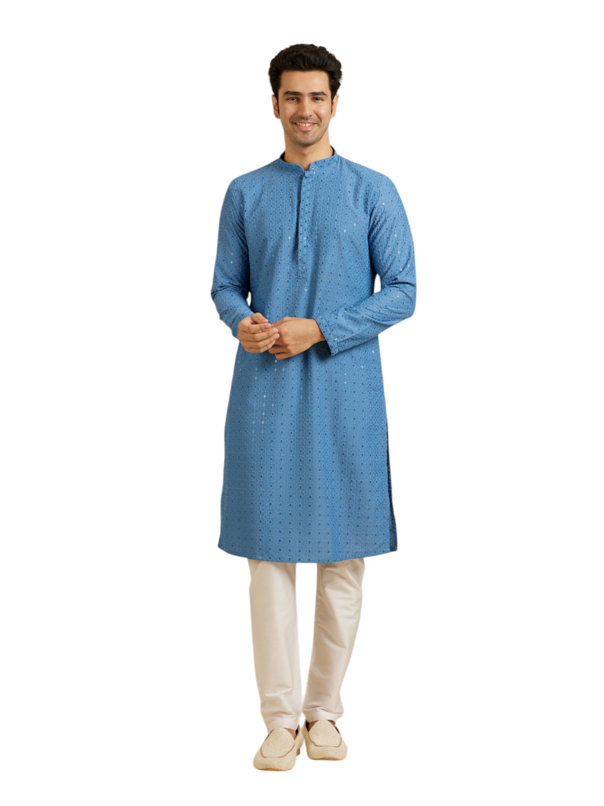 Manyavar MenS Cotton Blend Chikankari & Sequin Work Kurta Pyjama Set (Blue,Xl)
