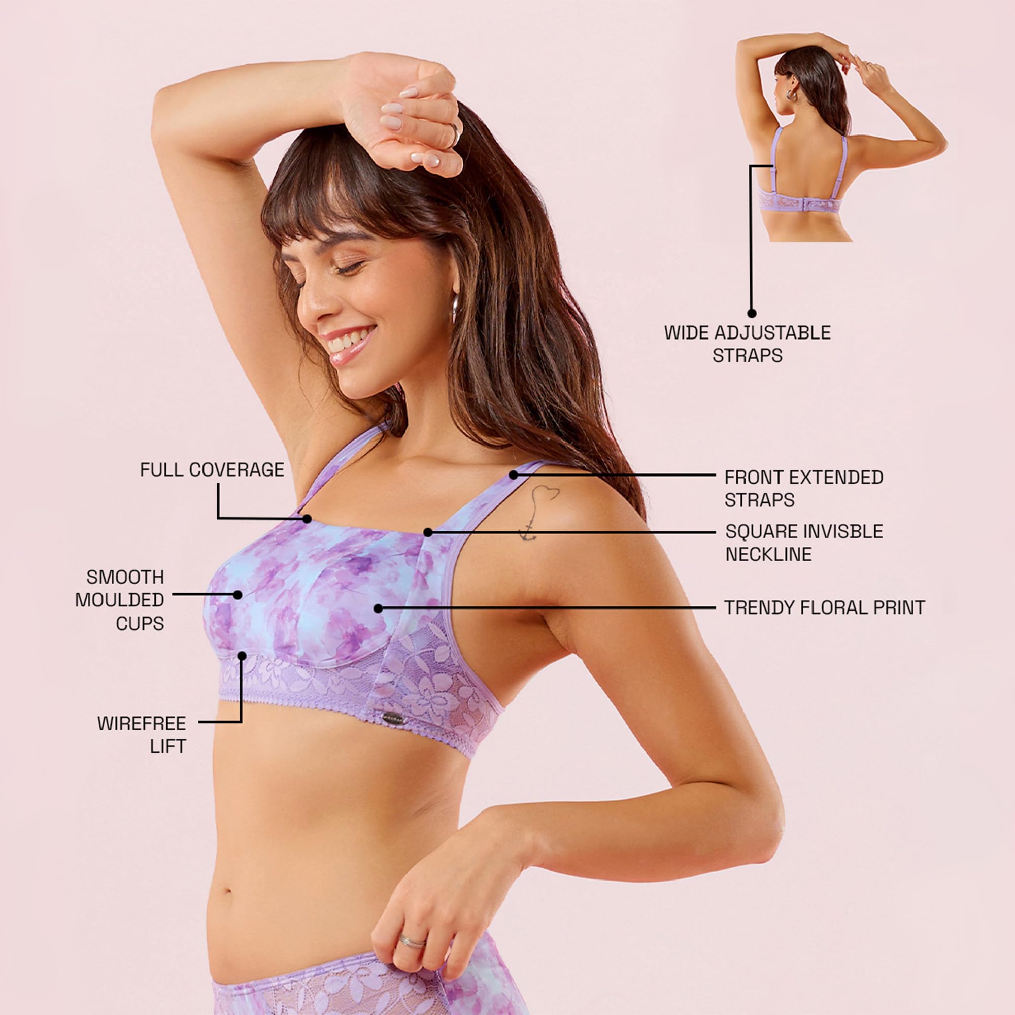 Enamor Womens Nylon Blend Wire Free Casual Padded Bra (F151_Lilac Mist