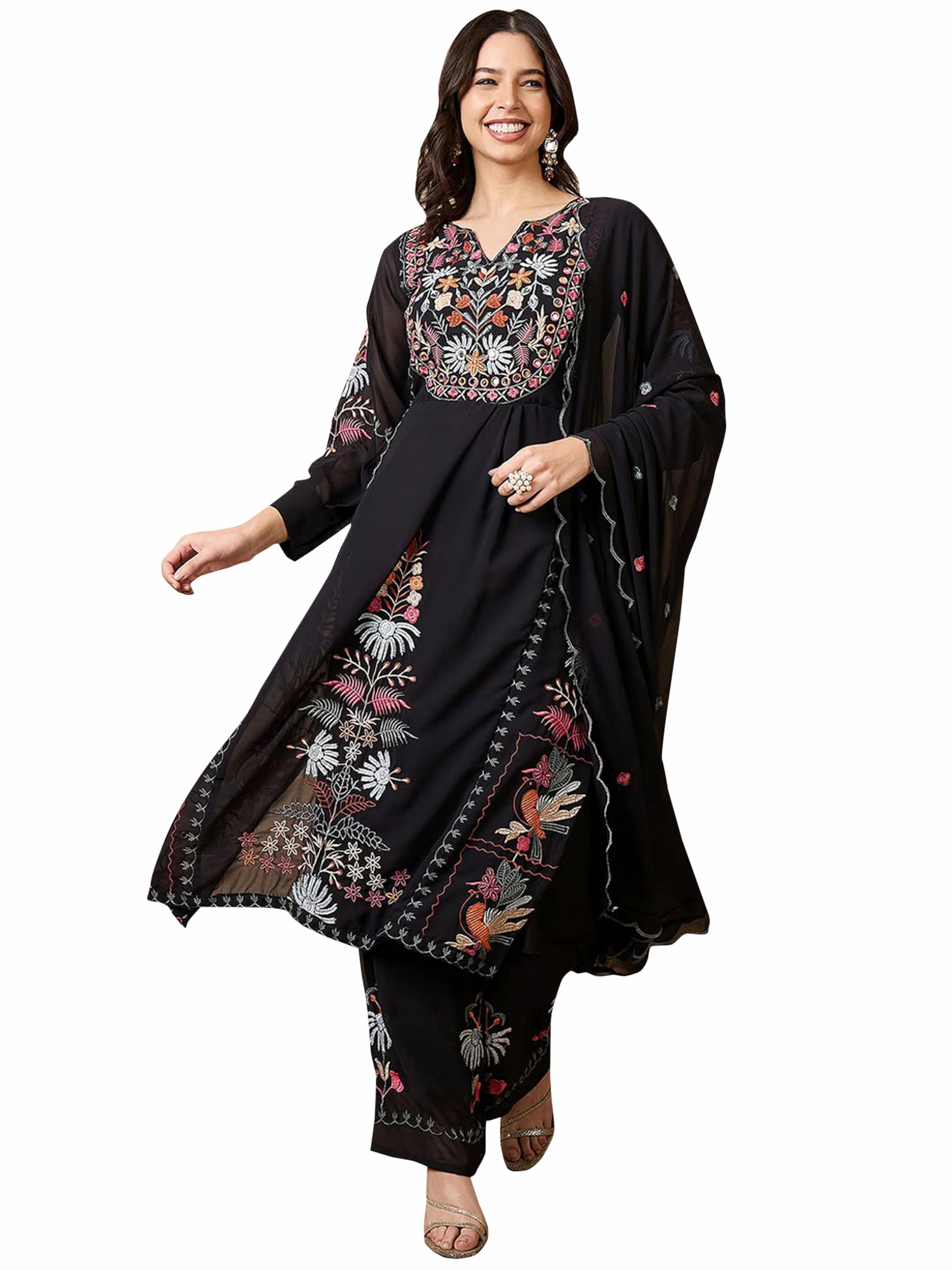 Fashion Basket Georgette Straight Floral Plazzo Kurta Set Black