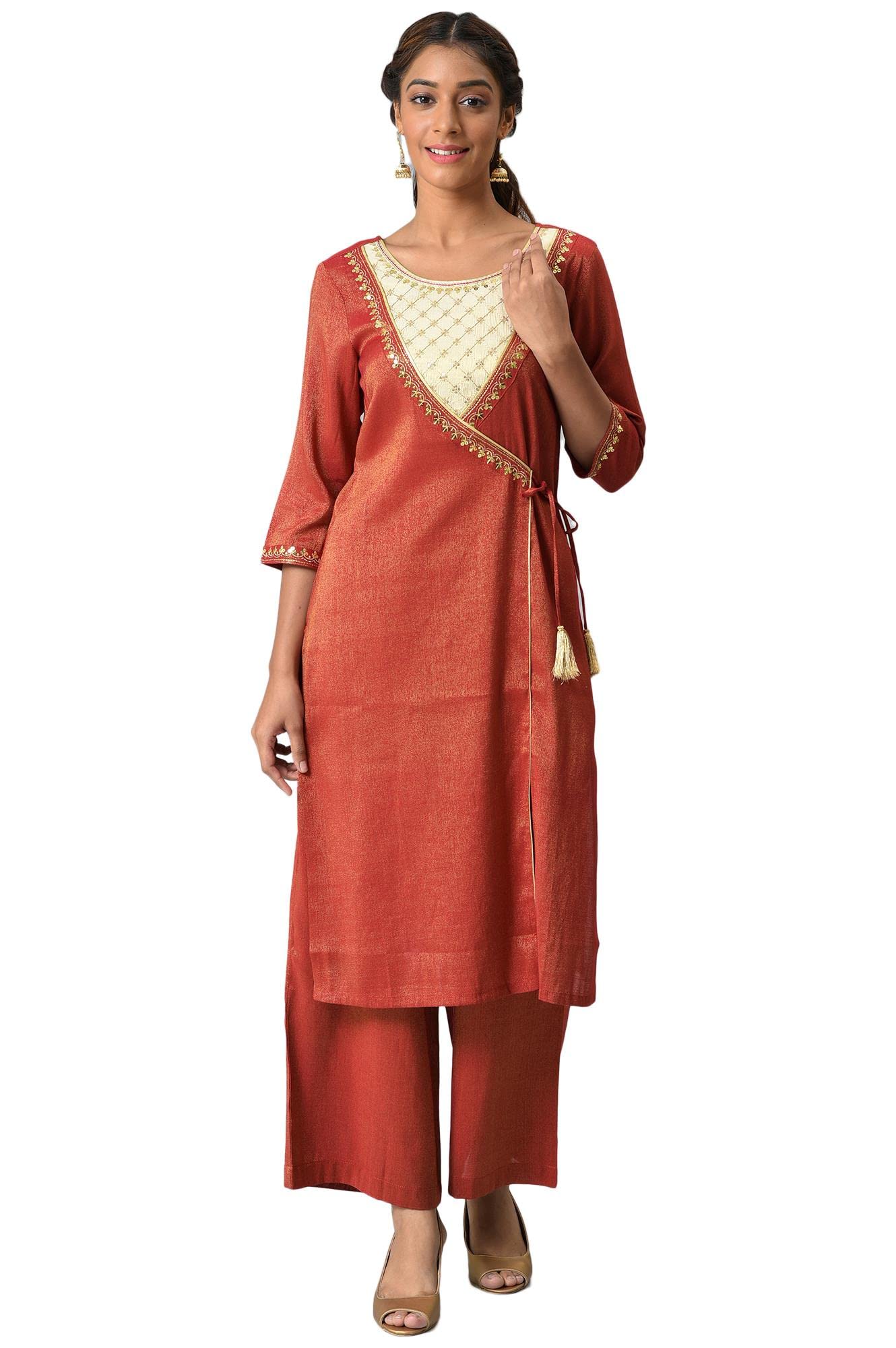 Red Zari Embroidered Kurta And Straight Palazzo Set