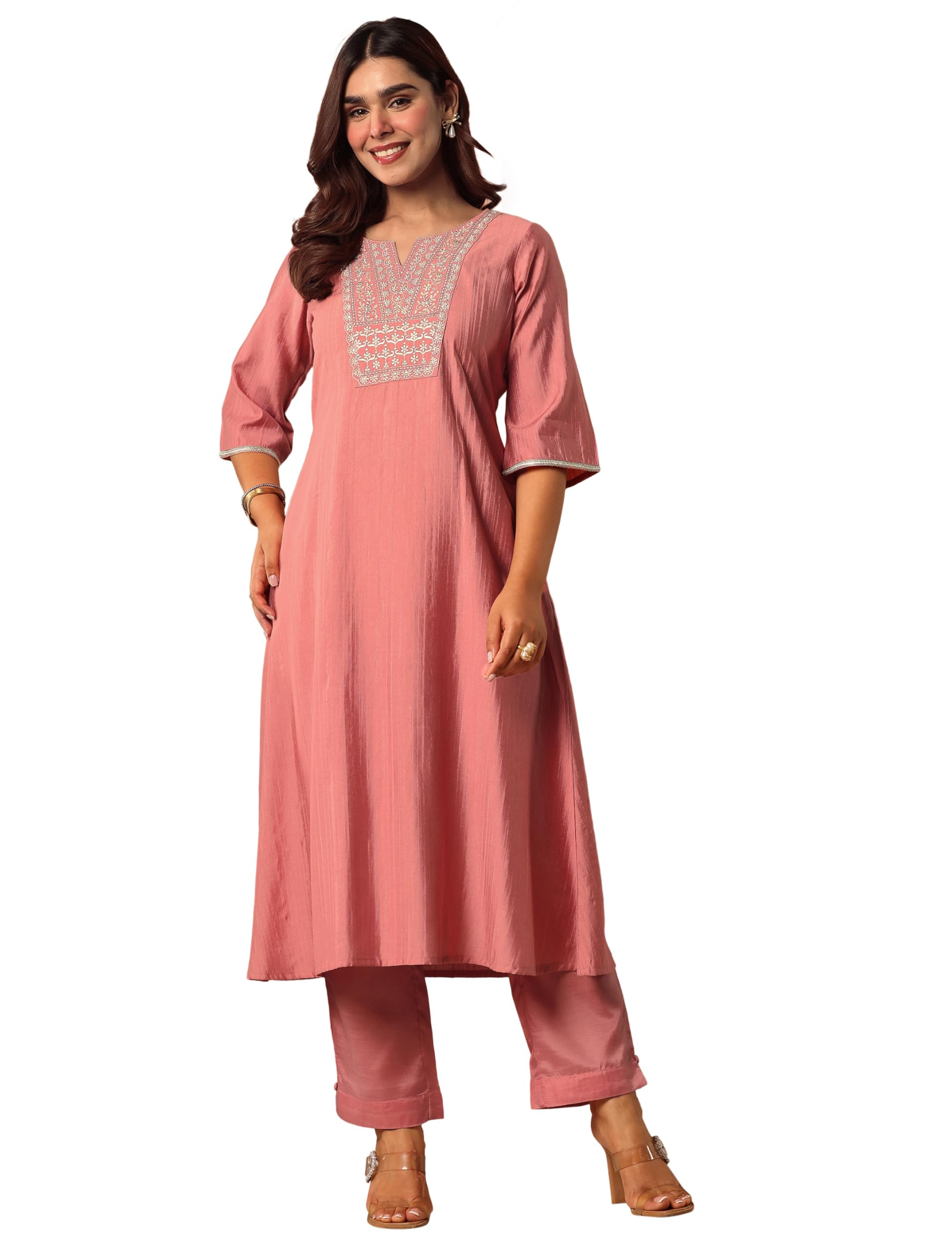 Libas Womens Embroidered Silk Blend A-Line Kurta With Trousers