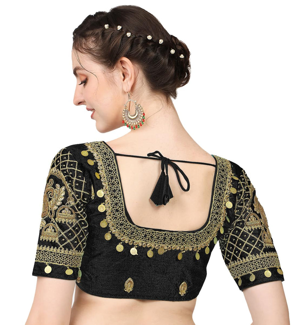 Pujia Mills WomenS Silk Readymade Stylish Design Half Sleeve Maggam Designs Pattu Aari Work Blouse For Wedding (Black Color, 38