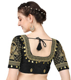 Pujia Mills WomenS Silk Readymade Stylish Design Half Sleeve Maggam Designs Pattu Aari Work Blouse For Wedding (Black Color, 38