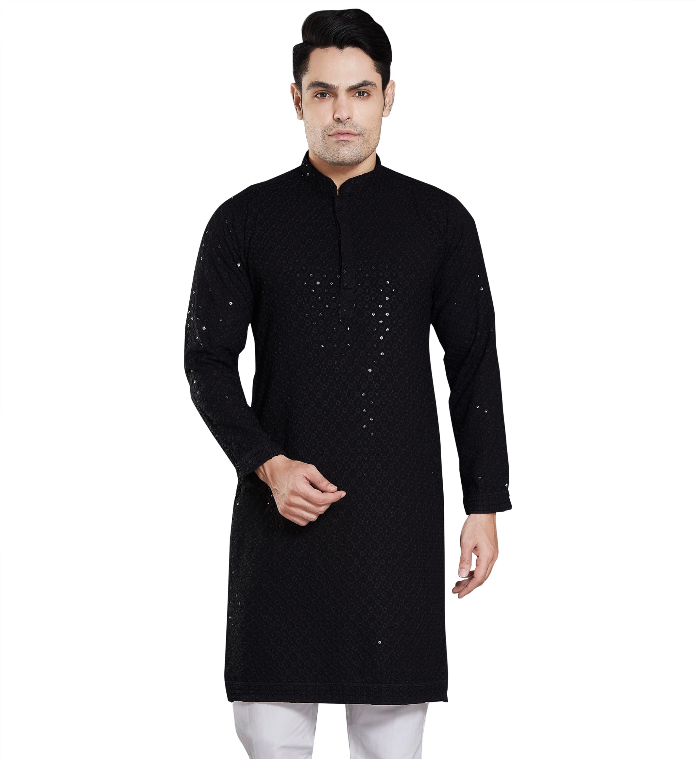 DIVISIVE Mens Sequince Embroidered Cotton Blend Only Slim Fit Kurta (DKRT15_M_Black)