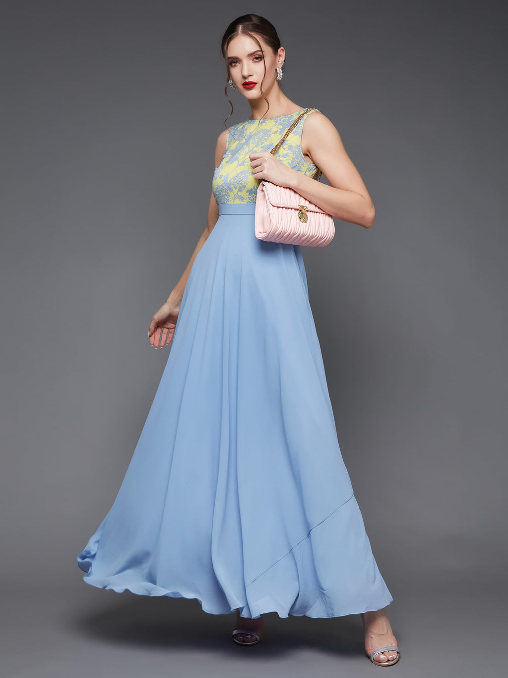Miss Chase WomenS Round Neck Sleeveless Georgette Floral Lace Fit & Flare Maxi Dress Sky Blue