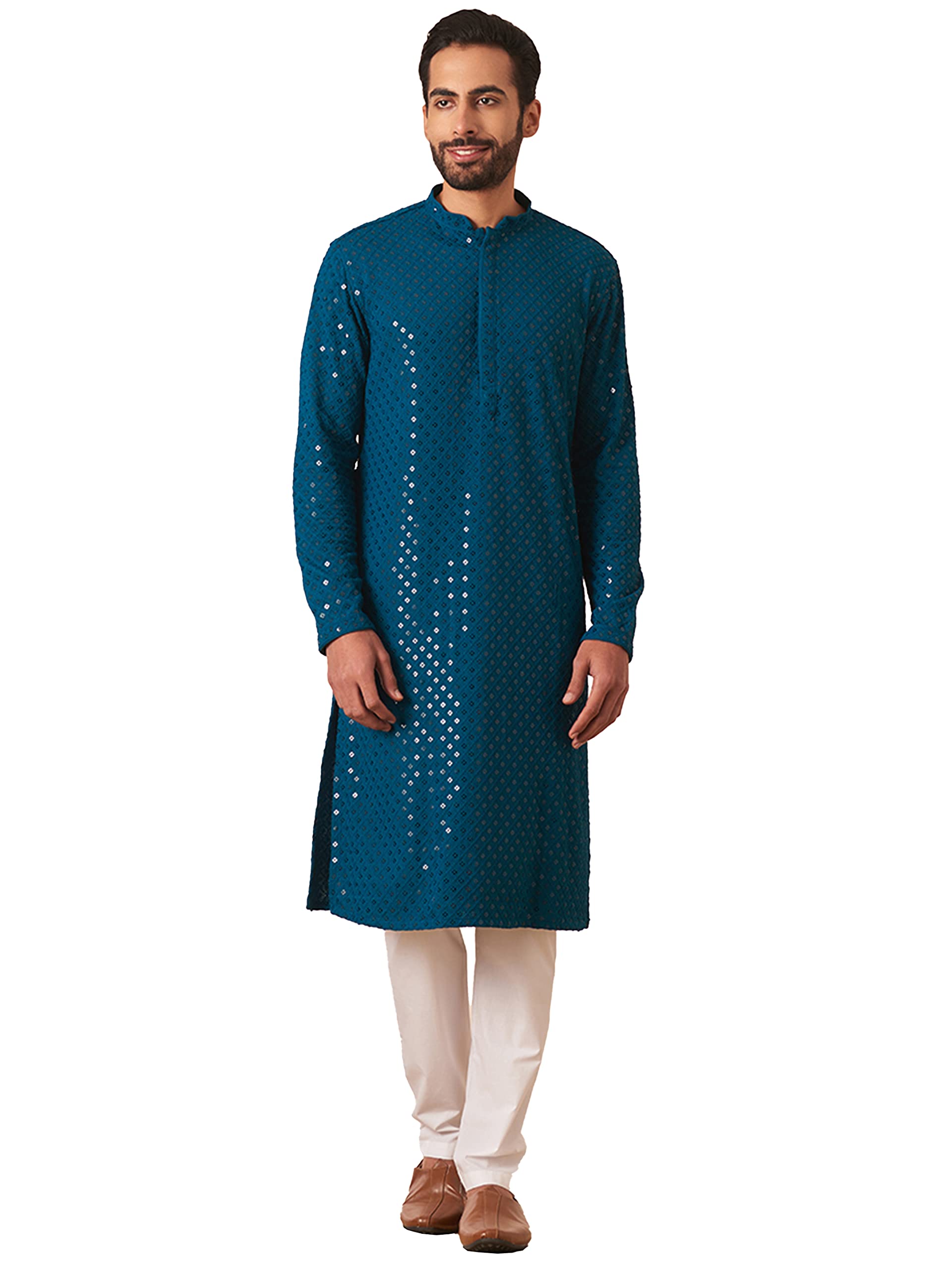 Manyavar Blue Viscose Embroidery Kurtas for Men (Kurta ONLY)