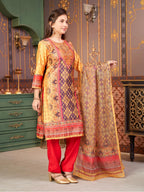 Aarika Girls Ethnic Wear Yellow-Dark Pink Colour Abstract Embalished Satin Kurti Pant Set-8-15 Years (Kp-Tr-K-1040)